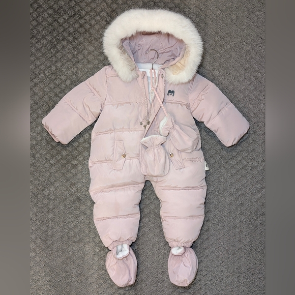 Murmurbear Other - Pink Quilted Puffer Hooded Eskimo Baby Snowsuit Fleece Lined with Booties 90cm